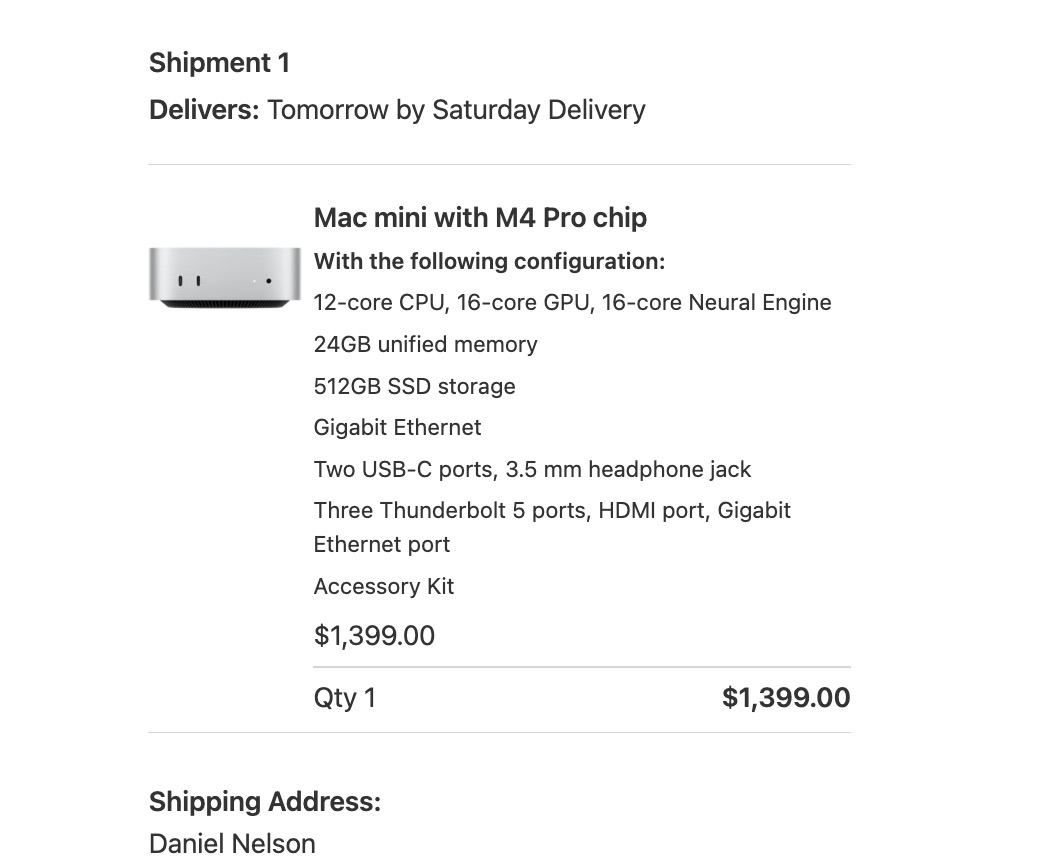 Mac Mini M4 Pro order confirmation